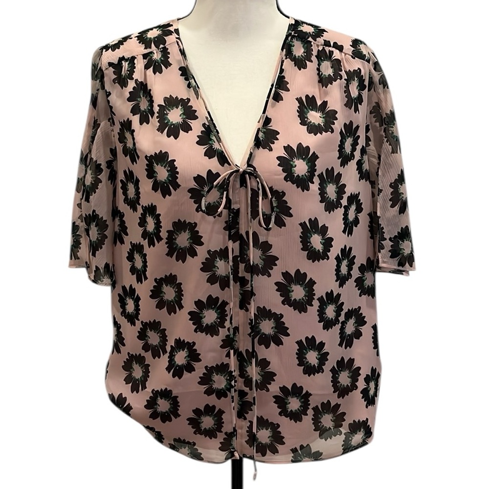 Ted Baker Harlynn Floral Blush Pink Short Sleeve Top Blouse Tie Neck Size Medium